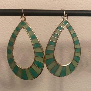 WHBM Teardrop Wire Back Earrings Gold Tone with Green Tones